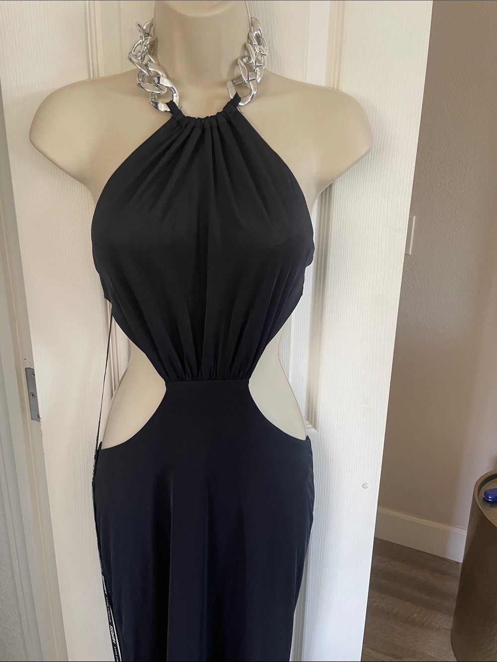Black Halter Cutout Evening Dress with Metallic Chain Choker #18 - Picture 4 of 12